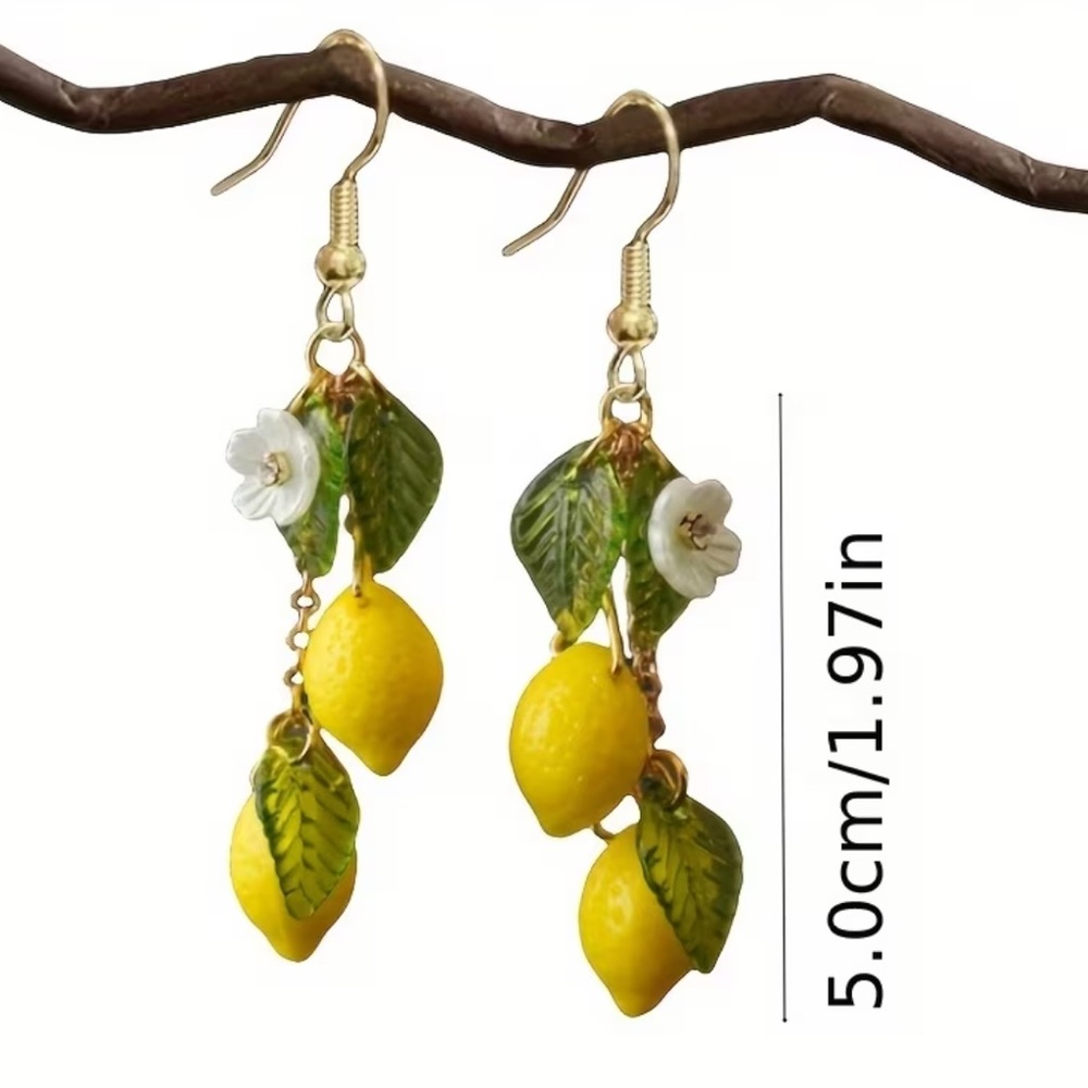 Gold-Tone Yellow Lemon Drop Earrings with Green Leaf Charms - Picture 3 of 3